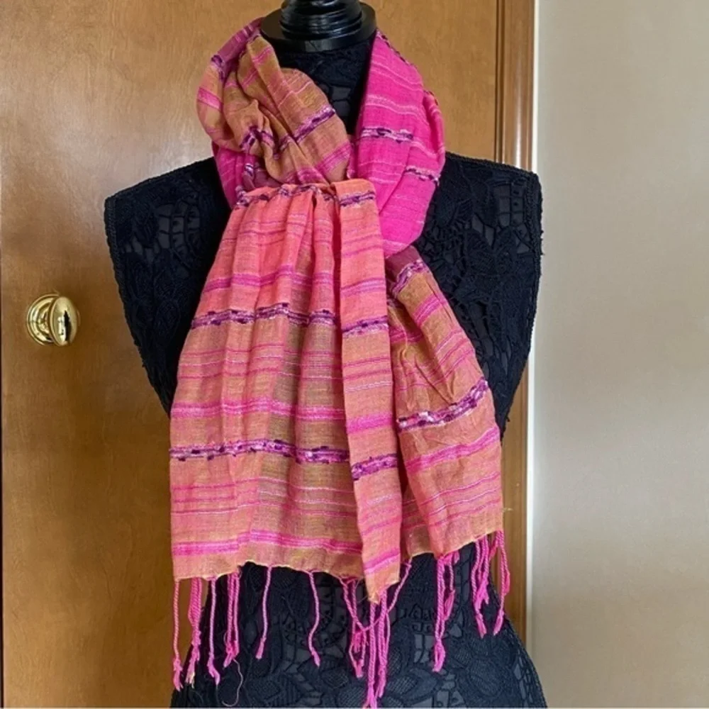 Macy’s neon magenta hot pink viscose fringed oblong skinny scarf wrap